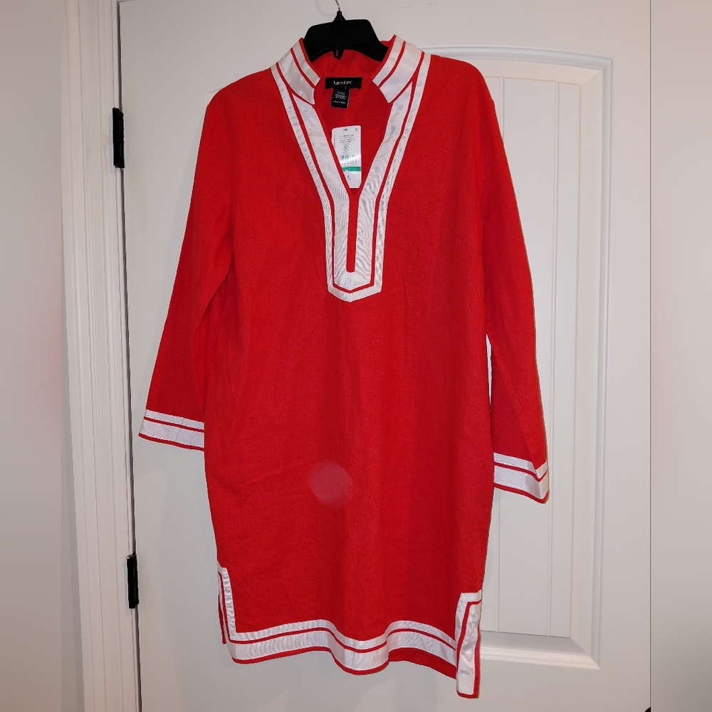 Karen Kane St. Tropez Linen Tunic with White Trim Accents Size Large - Picture 2 of 5